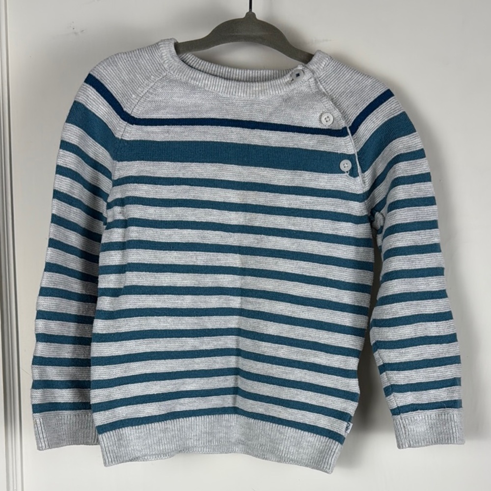 Blue and Gray Striped Crew Neck Sweater